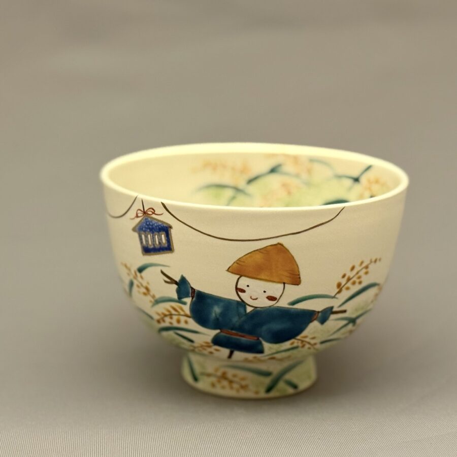 茶碗　色絵 稲穂に案山子の絵　加藤永山 造1975-